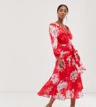 True Violet Exclusive Long Sleeve Wrap Front Midaxi Dress In Red Floral