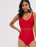 Pour Moi Crochet Waist Control Swimsuit In Red - Red