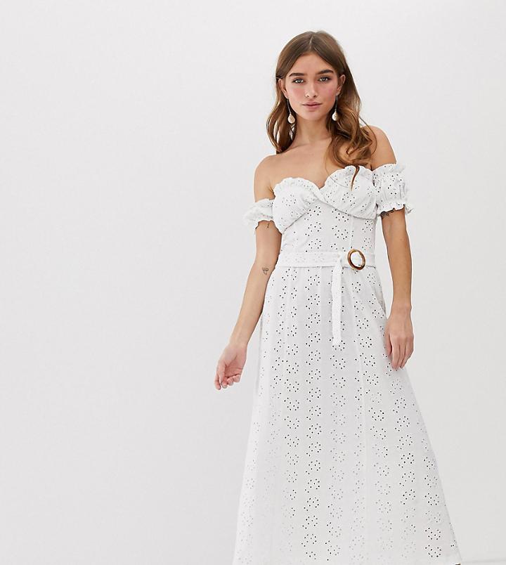 Asos Design Petite Bardot Maxi Broderie Sundress With Tortoiseshell Belt - White
