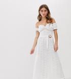 Asos Design Petite Bardot Maxi Broderie Sundress With Tortoiseshell Belt - White