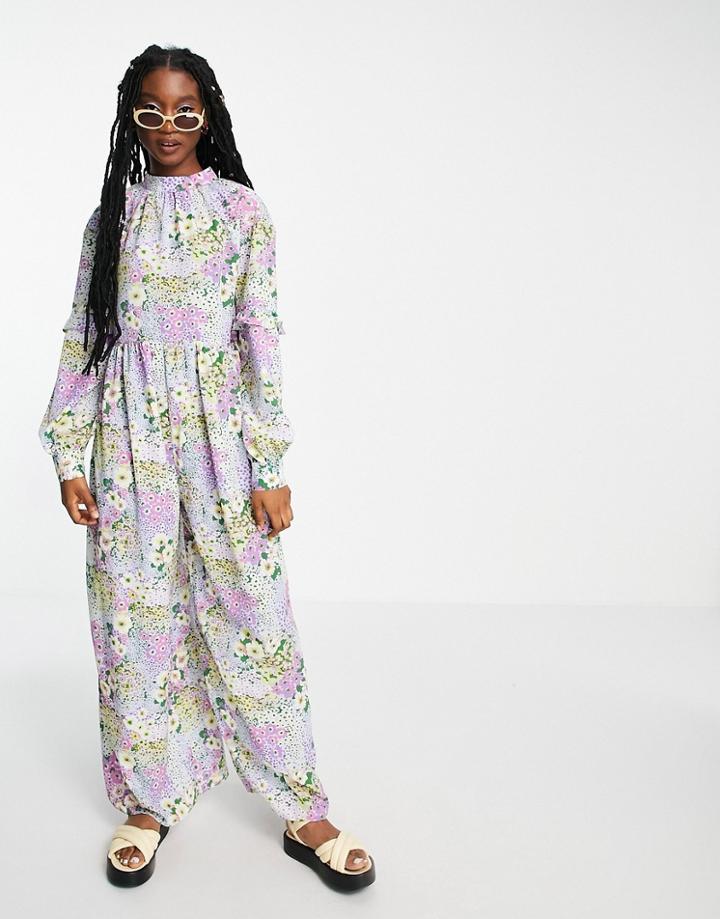 Asos Design Smock Jumpsuit In Bright Summer Floral Print-multi