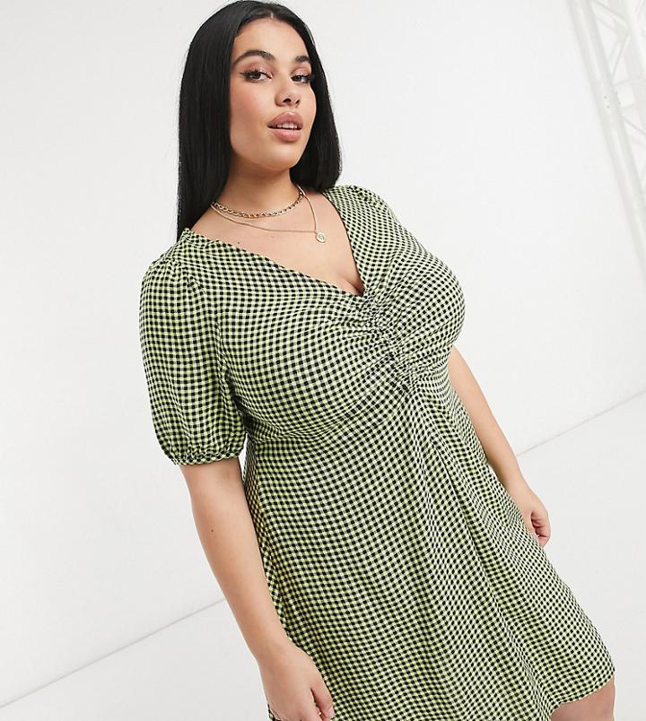 New Look Curve Ruched Mini Tea Dress In Green Gingham