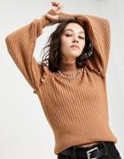 Object Ribbed High Neck Sweater With Ruffle Shoulder Detail In Camel-neutral