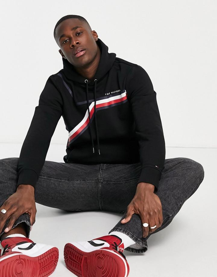 Tommy Hilfiger Corp Split Stripe Hoodie In Black