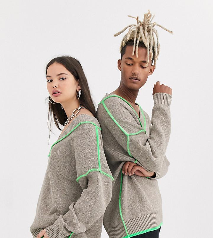 Collusion Unisex V Neck Sweater With Neon Stitch