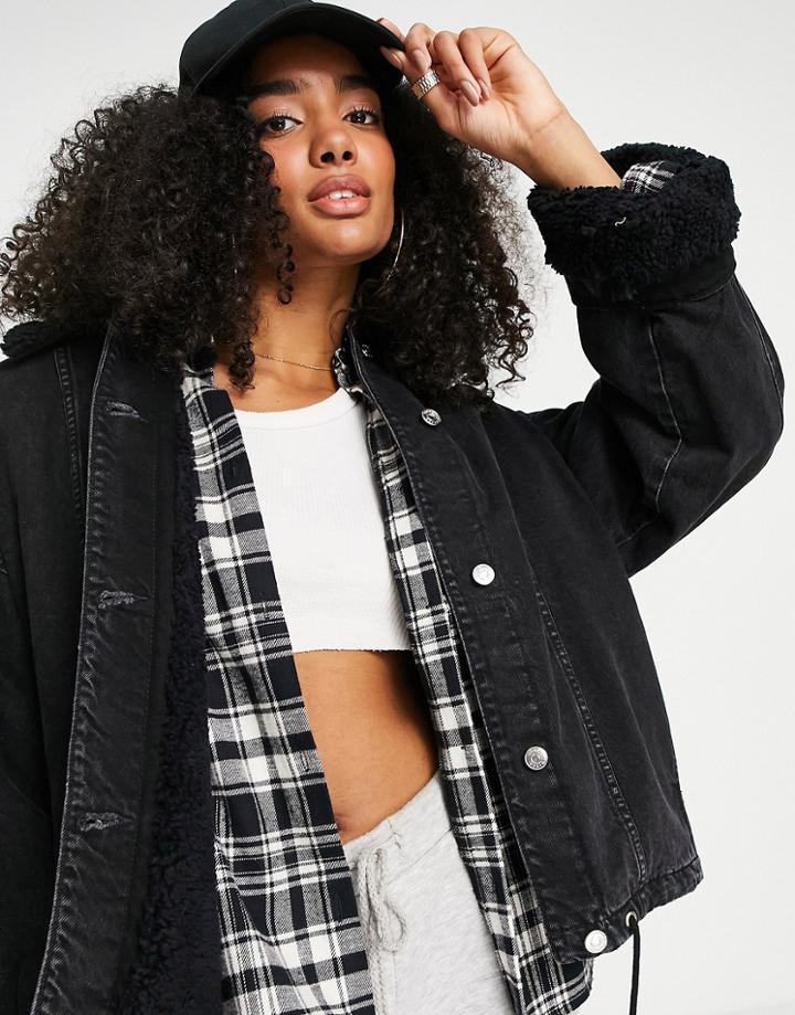 Asos Design Cotton Blend Denim Jacket With Borg Lining In Washed Black - Black
