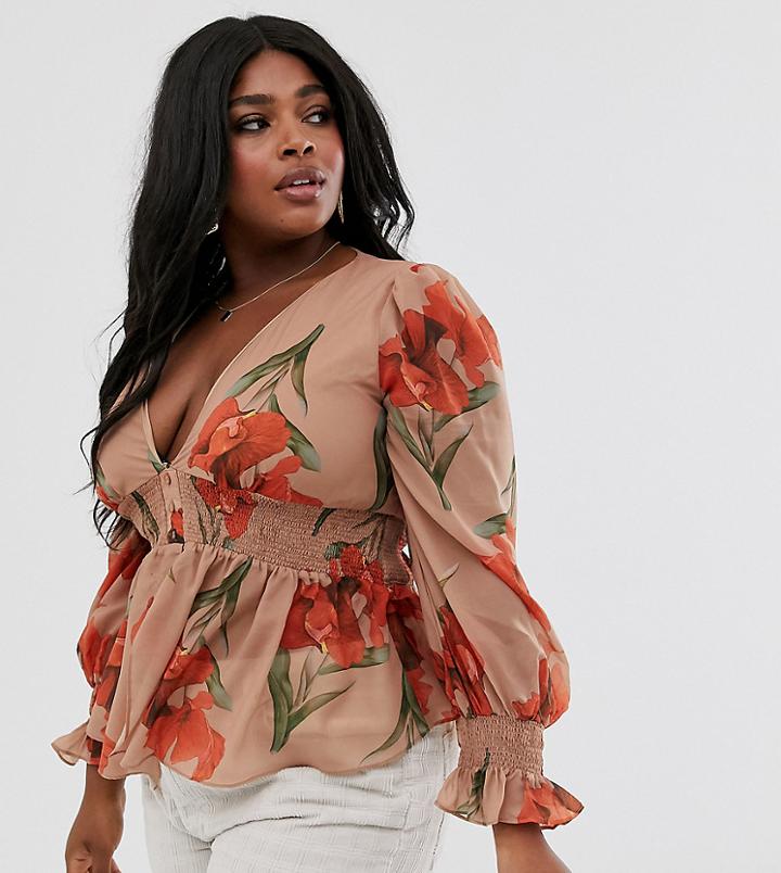 Skylar Rose Plus Plunge Front Blouse With Shirring In Orchid Print
