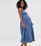 Asos Design Maternity Denim Belted Midi Dress In Lightwash Blue