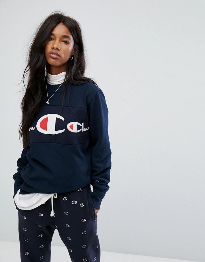 Champion Crew Neck Sweatshirt With Front Logo - Navy