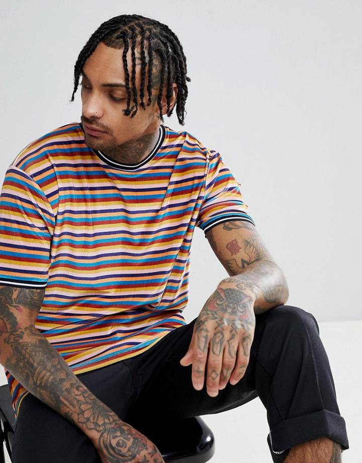 Asos Design Relaxed Longline T-shirt In Velour Bright Stripe - Multi