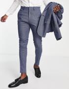 Asos Design Wedding Linen Mix Super Skinny Suit Pants With Puppytooth Plaid In Deep Blue