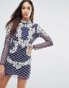 A Star Is Born High Neck Long Sleeve Heavily Embellished Dress - Navy