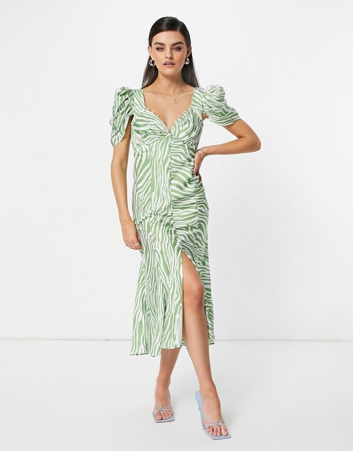 Asos Design Button Through Midi Tea Dress With Drape Shoulder Detail In Zebra Print-multi