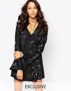 Reclaimed Vintage 70s Bell Sleeve Mini Dress In Faux Suede With Flower Details - Black