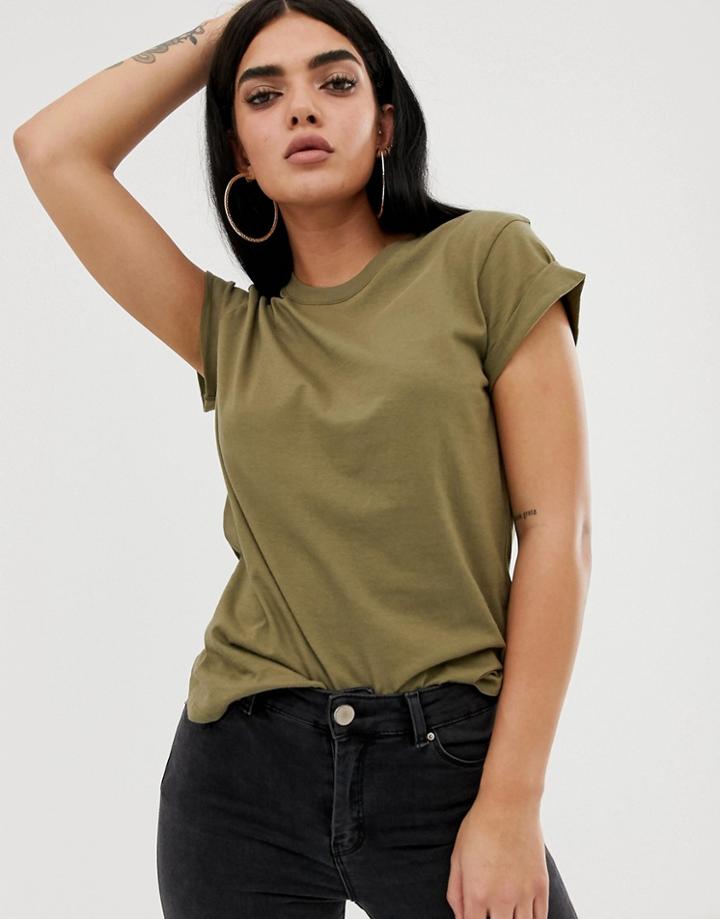 Asos Design T-shirt In Boyfriend Fit With Rolled Sleeve And Curved Hem In Khaki-green