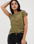 Asos Design T-shirt In Boyfriend Fit With Rolled Sleeve And Curved Hem In Khaki-green