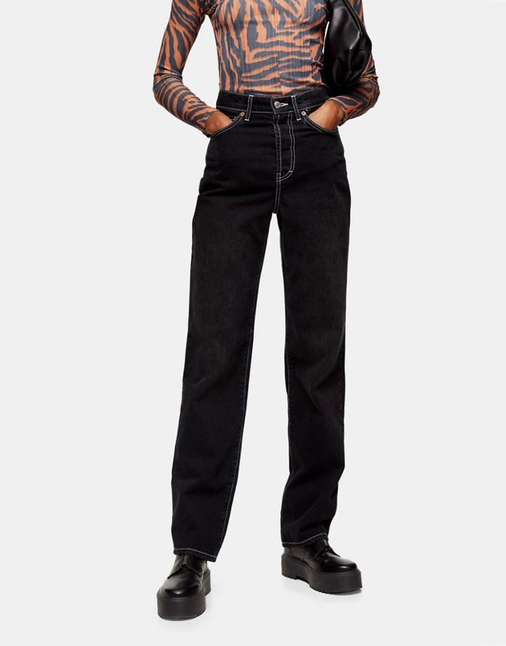 Topshop Buckle Detail Carpenter Jeans In Washed Black