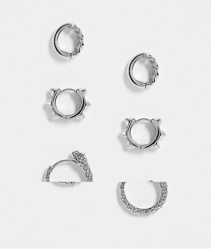 Asos Design 3 Pack Mixed Hoop Set With Snake Detail-multi