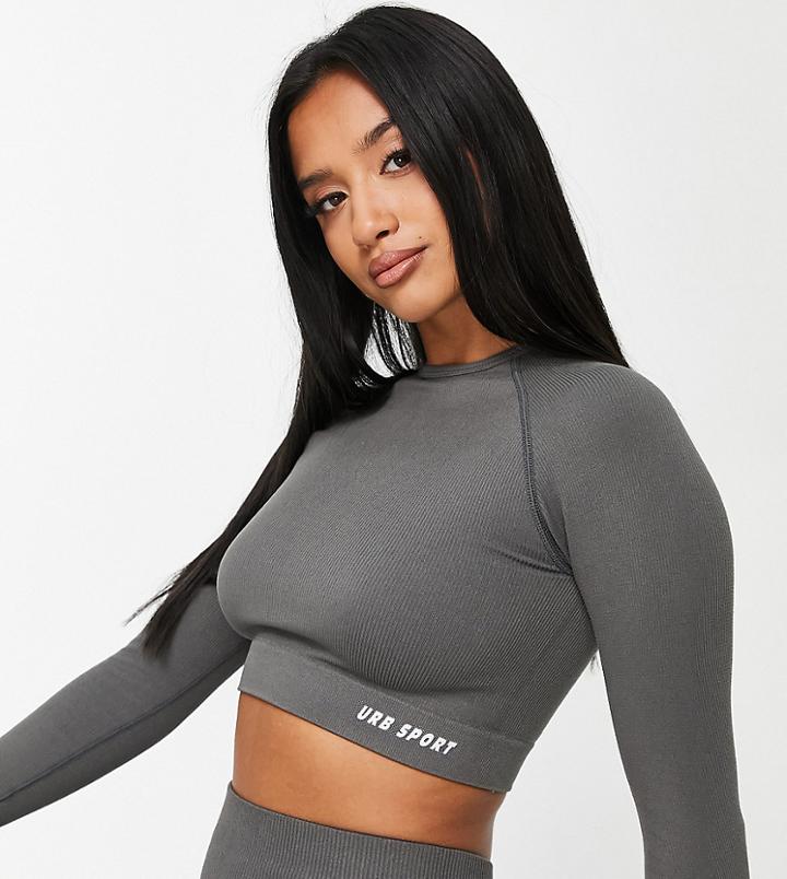 Urban Threads Petite Seamless Long Sleeve Sports Crop Top In Charcoal-gray