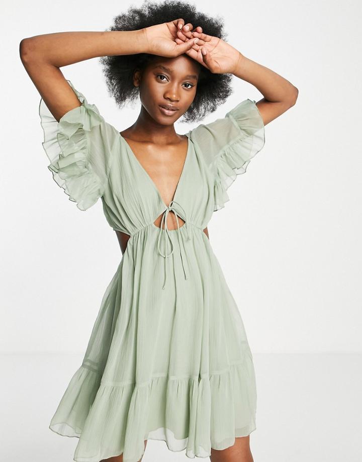 Asos Design Soft Tiered Mini Dress With Tie Front-green