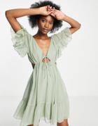Asos Design Soft Tiered Mini Dress With Tie Front-green