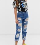 Parisian Petite High Waisted Jeans With Extreme Distressing Detail - Blue