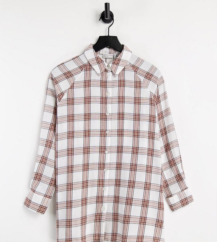 Asos Design Petite Long Sleeve Boyfriend Shirt In Tan & Ivory Check-multi