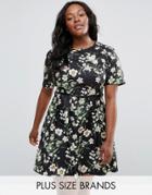 Yumi Plus Skater Dress In Floral Print With Belt - Black