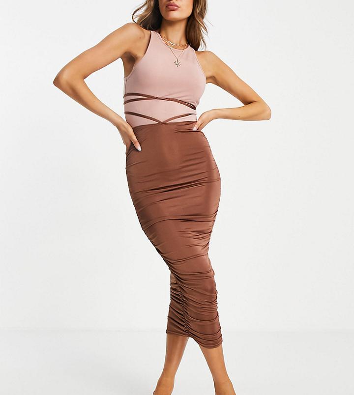 Missguided Strappy Waist Slinky Ruched Midi Skirt In Brown - Part Of A Set-orange