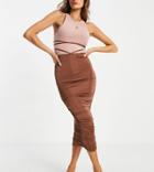 Missguided Strappy Waist Slinky Ruched Midi Skirt In Brown - Part Of A Set-orange