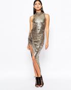 Club L Premium Sequin High Neck Ruched Side Dress - Gold
