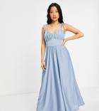 Asos Design Petite Spaghetti Strap Ruched Bust Maxi Dress In Dusky Blue-blues