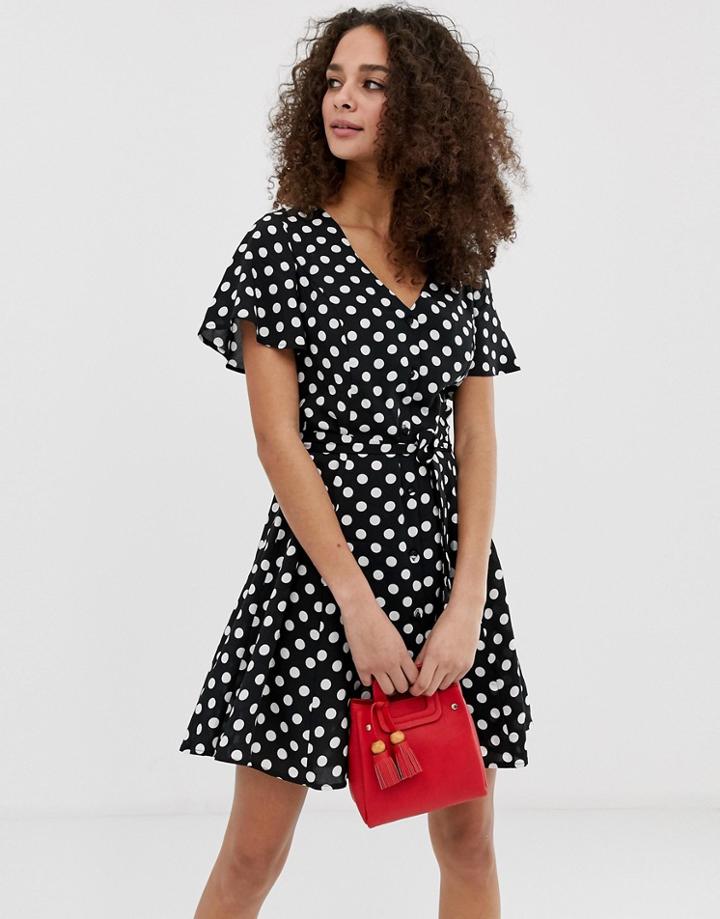 Brave Soul Minnie Button Through Tea Dress In Spot - Black