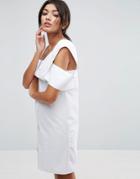Asos One Shoulder Fold White Cotton Poplin Dress - White