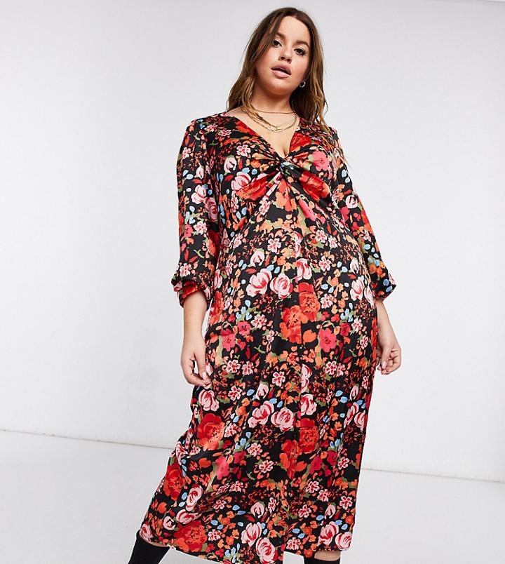 Vero Moda Curve Midi Dress In Bold Red Floral-multi