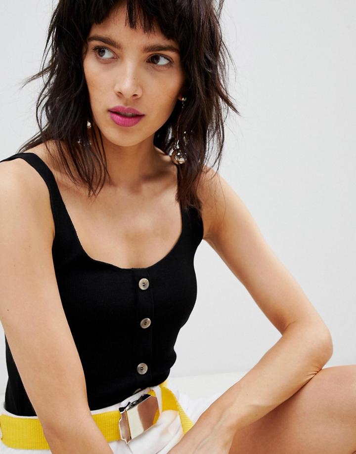 Stradivarius Button Front Jersey Top - Black