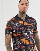 Asos Design Relaxed Polo With Hawaii Inspired Print - Black