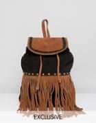 Reclaimed Vintage Suede Studded Fringe Backpack - Black