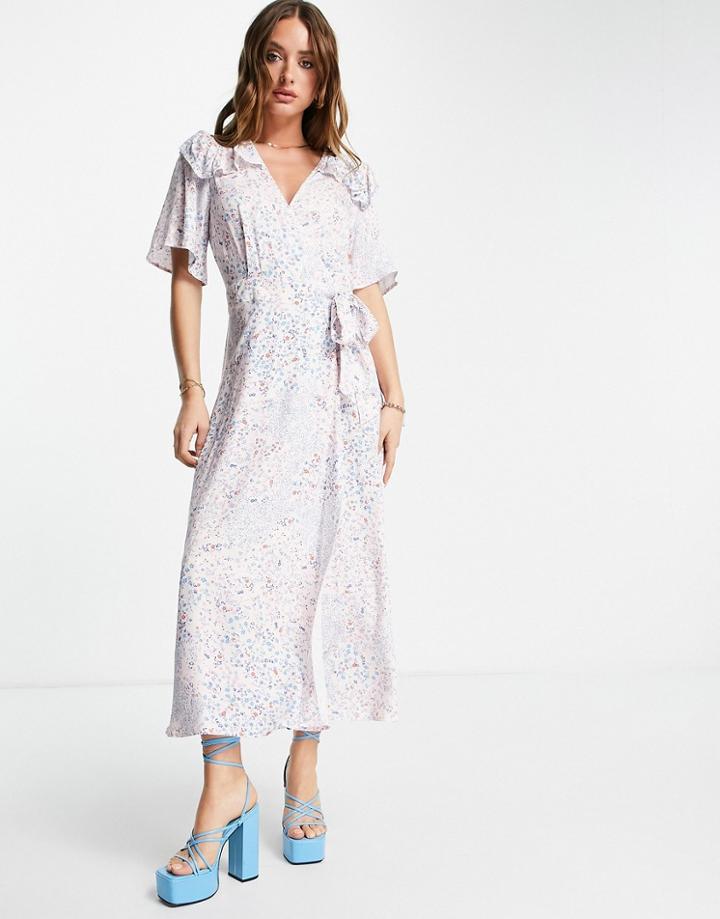 Y.a.s Frill Detail Wrap Midi Dress In Pink & Blue Print-multi