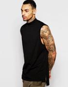 Asos Longline Sleeveless T-shirt With Turtleneck And Stepped Hem In Black - Black