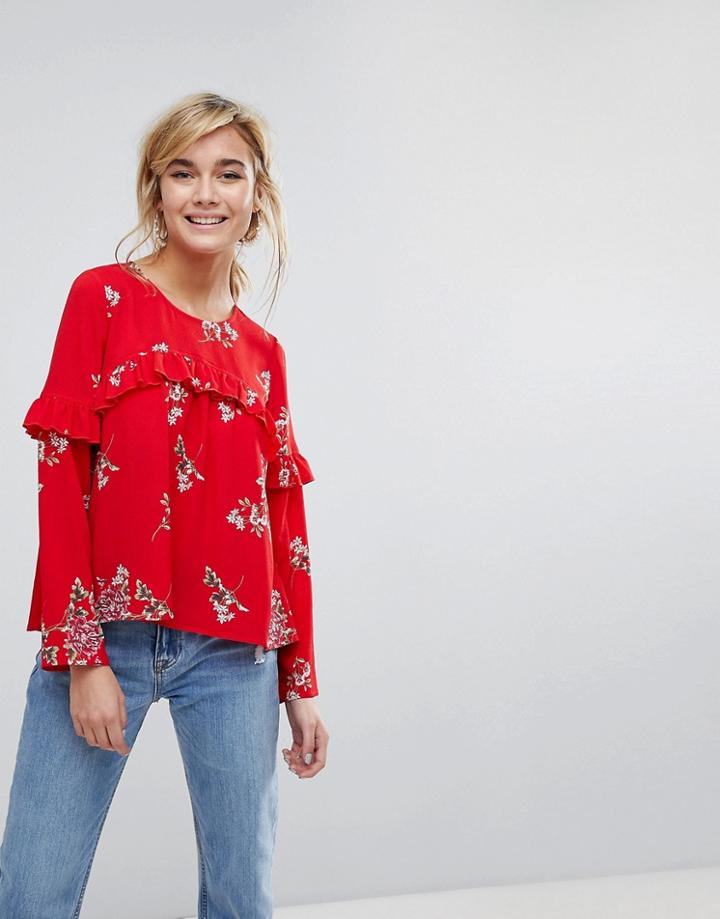 Willow And Paige Long Sleeve Smock Top With Ruffle Trim In Vintage Floral - Red