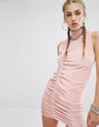 Jaded London High Neck Ruched Bodycon Dress In Velvet Co-ord - Pink