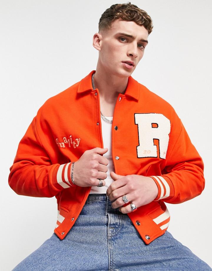 Asos Design Oversized Jersey Harrington Jacket In Red With Collegiate Embroidery Details