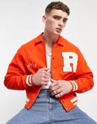 Asos Design Oversized Jersey Harrington Jacket In Red With Collegiate Embroidery Details