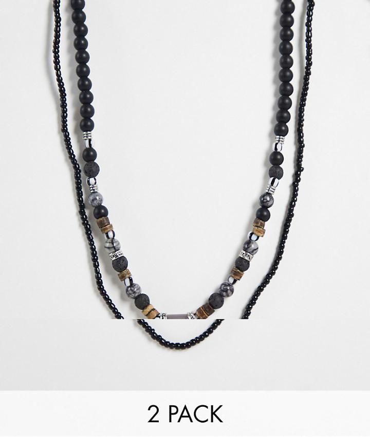 Asos Design Festival 2 Pack Beaded Necklace Set With Black And Brown Stones-multi
