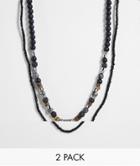Asos Design Festival 2 Pack Beaded Necklace Set With Black And Brown Stones-multi