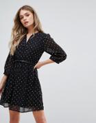 Yumi Dress In Foil Star Print With Belt - Black
