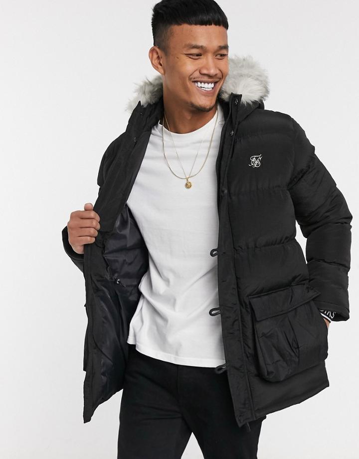 Siksilk Puffer Parka Jacket With Faux Fur Hood In Black