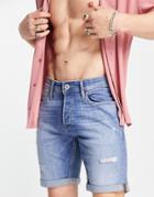 Jack & Jones Denim Shorts In Slim Fit With Rips In Light Blue
