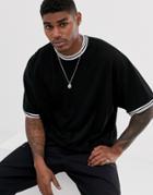 Asos Design Pique Oversized T-shirt With Contrast Tipping In Black - Black